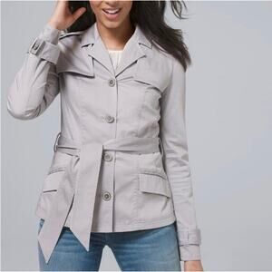 WHBM grey short trench belted jacket crystal buttons size 12 NEW
